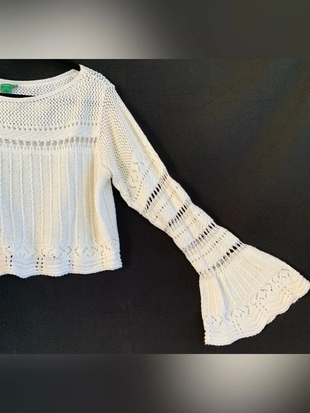 FARM RIO open crochet crop top with flared long sleeves white -size M